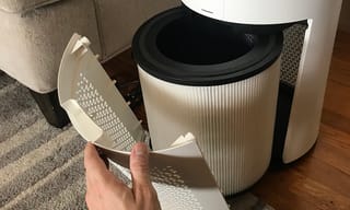 Levoit air purifier with HEPA filter exposed showing internal filtration components