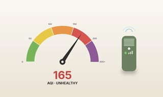 Air quality monitor reading an unhealthy AQI above 150 next to a running air purifier