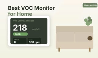 VOC air quality monitor showing tVOC and PM2.5 readings in a modern living room with natural light