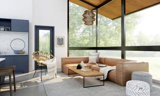 Spacious modern living room with large windows and open floor plan