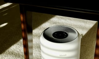 White Levoit air purifier sitting on carpet beneath a table in a sunlit room