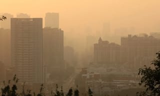 City skyline shrouded in hazy warm light, illustrating the air quality conditions measured by the AQI