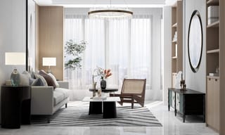 Bright, clean modern living room with natural light streaming through sheer curtains