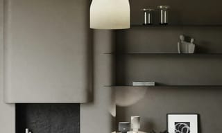 Modern living room with fireplace and pendant lighting, the kind of space where CADR ratings matter