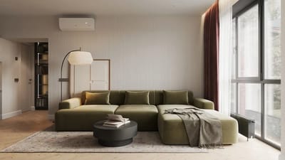 Side-by-side comparison of an air quality monitor and an air purifier in a living room