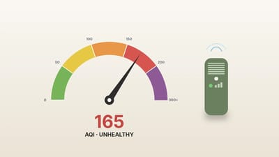 Air quality monitor reading an unhealthy AQI above 150 next to a running air purifier