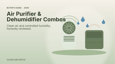 Illustration of an air purifier and a dehumidifier with water droplets and clean airflow