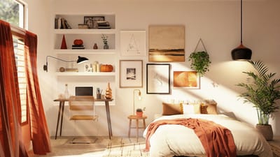 College dorm room with bed and desk lit by a window
