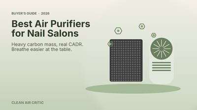 Illustration of a carbon-filter air purifier capturing VOC molecules from nail salon fumes