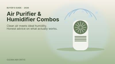Illustration of an air purifier with mist arcs and water droplets representing clean humidified air