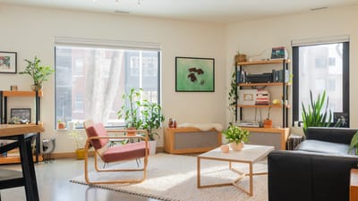Bright, modern living room with natural light, plants, and open seating area. Photo by Unsplash