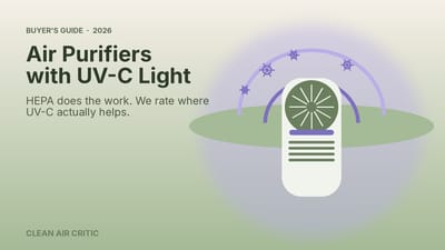 Illustration of an air purifier emitting a UV-C glow that neutralizes airborne germs