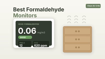 Formaldehyde monitor displaying HCHO and PM2.5 readings next to new wood furniture