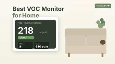 VOC air quality monitor showing tVOC and PM2.5 readings in a modern living room with natural light