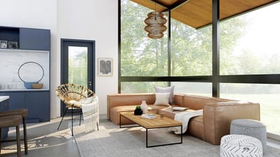 Spacious modern living room with large windows and open floor plan