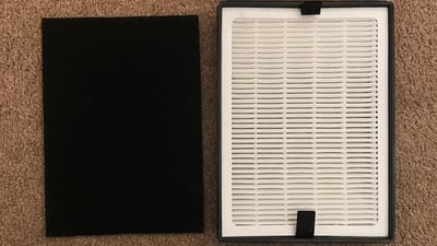 Dark activated carbon filter and white pleated HEPA filter side by side showing the two main air purifier filter types
