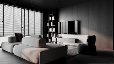 Sleek modern living room interior, the kind of space an air purifier keeps fresh