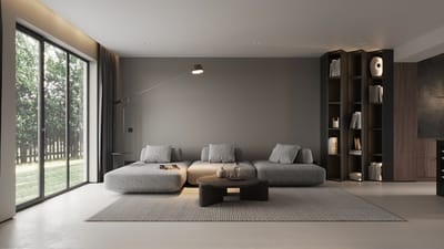 A bright, modern living room with a large window and abundant natural light, representing clean indoor air