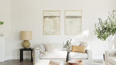 A bright, clean living room with a sofa and houseplant in natural light
