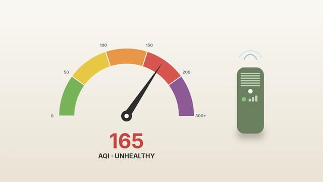 Air quality monitor reading an unhealthy AQI above 150 next to a running air purifier