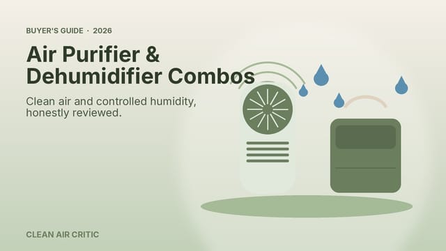 Illustration of an air purifier and a dehumidifier with water droplets and clean airflow
