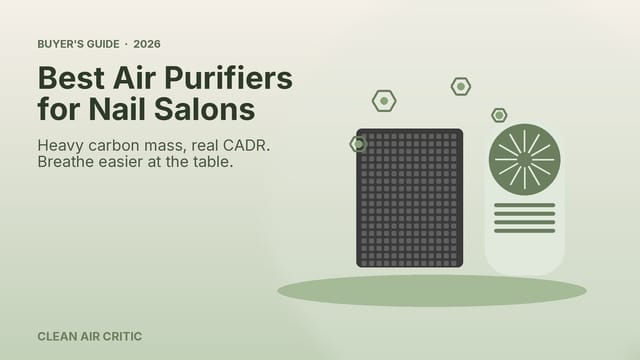 Illustration of a carbon-filter air purifier capturing VOC molecules from nail salon fumes