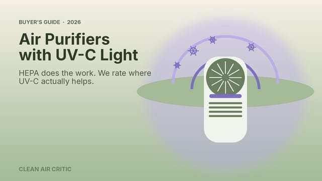 Illustration of an air purifier emitting a UV-C glow that neutralizes airborne germs