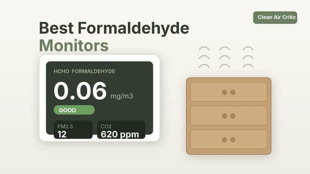 Formaldehyde monitor displaying HCHO and PM2.5 readings next to new wood furniture
