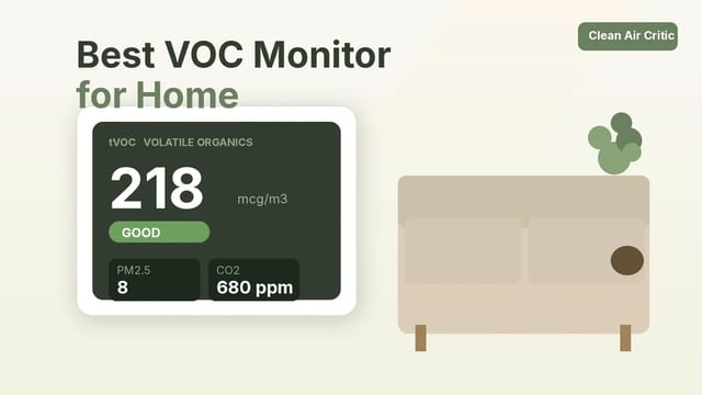 VOC air quality monitor showing tVOC and PM2.5 readings in a modern living room with natural light