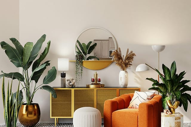 A bright, modern living room with houseplants and natural light, representing clean indoor air