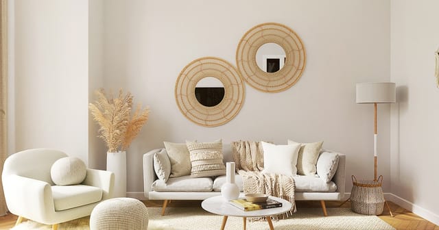 Bright modern living room with neutral furniture, the kind of space where a premium or budget air purifier would fit