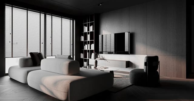 Sleek modern living room interior, the kind of space an air purifier keeps fresh