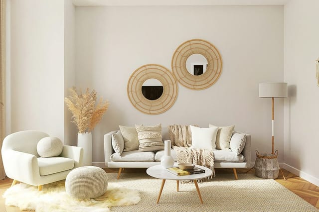 A bright, modern living room with clean air and natural light streaming through large windows