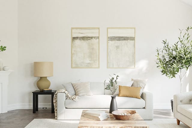 A bright, clean living room with a sofa and houseplant in natural light