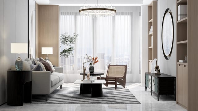 Bright, clean modern living room with natural light streaming through sheer curtains