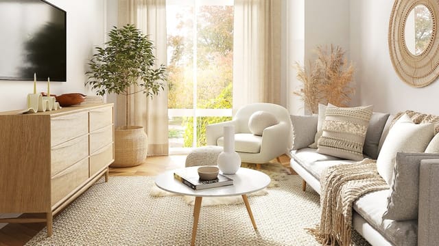 A bright living room with large windows, houseplants, and natural light for clean indoor air